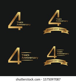 elegant 4 years anniversary logo template with ribbon in gold color, vector file eps 10 text is easy to edit