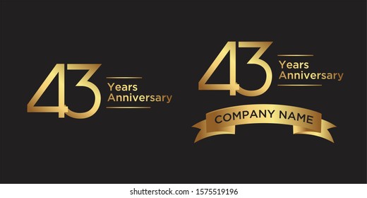 elegant 43 years anniversary logo template with ribbon in gold color, vector file eps 10 text is easy to edit