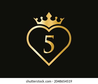 Elegant 5 Logo With Love Shape. Heart Letter 5 Logo Design, Gold, Beauty, Fashion, Cosmetics Business, Spa, Salons, And Yoga Vector Luxury Concept Template
