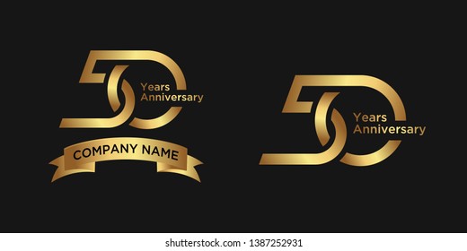 elegant 50 years anniversary logo template with ribbon in gold color, vector file eps 10 text is easy to edit