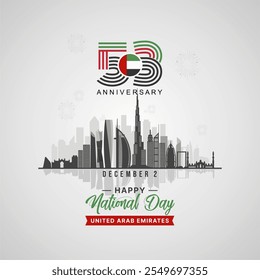 Elegant 53 Year of UAE National Day 2nd December 2024 Celebration Design with Dubai Skyline and Landmarks. UAE National Day or Eid Al Etihad Banner, Greeting, Background, Template. Vector Illustration