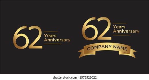 elegant 62 years anniversary logo template with ribbon in gold color, vector file eps 10 text is easy to edit