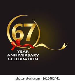 elegant 67 years anniversary logo template with ribbon in gold color, vector file eps 10 text is easy to edit