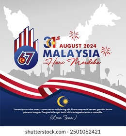 Elegant 67th Anniversary of Malaysia "Hari Merdeka" Means Independence Day August 2024 greeting, banner, background,poster, template. Malaysia 67 logo, map and landmarks vector illustration