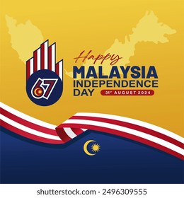 Elegant 67th Malaysia Independence Day 2024 greeting card, poster, banner, background, social feed. Design with 67 logo, malaysia map,flag and quotes. Malaysia Hari Merdeka 67 vector illustration