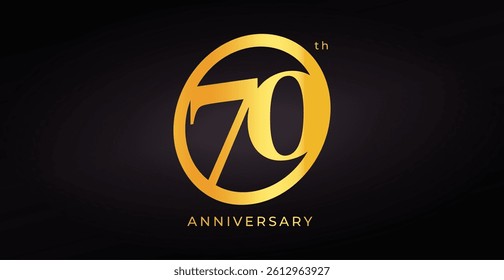 Elegant 70th Anniversary Logo Design With Golden Number In Circle On Dark Background. Perfect For Celebration, Corporate Event, Milestone Or Party Invitation. Vector Illustration.
