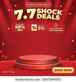 Elegant 7.7 shock deals promotion banner with red stage, gold text, discount badges, and glowing lights. Perfect for premium ecommerce campaigns and festive sale events.