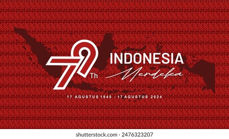 Elegant 79th Anniversary of Republic of Indonesia Independence day background with indonesian map on red batik pattern. Background Dirgahayu 79 Tahun Republik Indonesia. 79 Tahun Indonesia.  