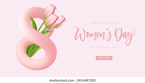 Elegant 8 March background with 3d number and flowers. Vector illustration.