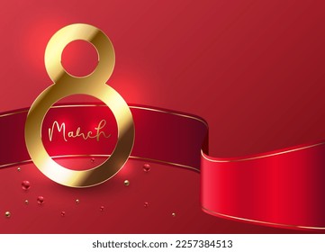 Elegant 8 March banner with gold 3d number 8 and red ribbon on red background. March gold line luxury text, red golden beads. Women's day vector stylish design illustration