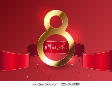 Elegant 8 March banner with gold 3d number 8 and red ribbon on red background. March gold line luxury text, red golden beads. Women's day vector stylish design illustration