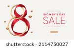 Elegant 8 March banner with golden 3d number and red ribbon. Vector illustration.
