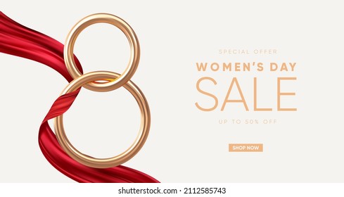 Elegant 8 March Banner With Golden Number And Red Ribbon. Vector Illustration.