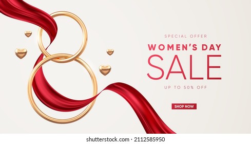 Elegant 8 March banner with golden number and red ribbon. Vector illustration.