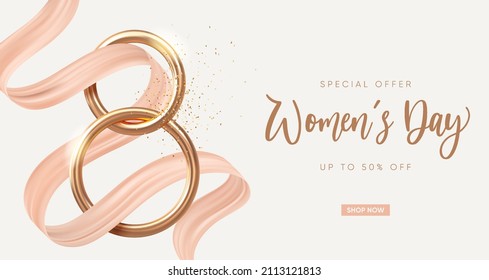 Elegant 8 March banner with golden 3d number and pastel ribbon. Vector illustration. - Shutterstock ID 2113121813