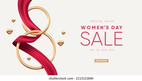Elegant 8 March banner with golden 3d number and red ribbon. Vector illustration.