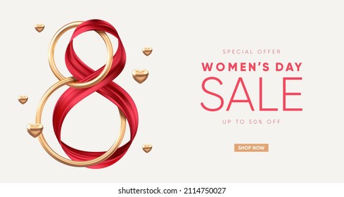 Elegant 8 March banner with golden 3d number and red ribbon. Vector illustration.
