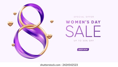 Elegante banner de 8 de marzo con número 3d dorado y cinta morada. Ilustración vectorial.