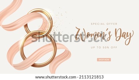 Elegant 8 March banner with golden 3d number and pastel ribbon. Vector illustration.
