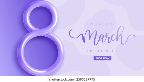 Elegant 8 March banner with purple 3d number. International Women's Day festive background.