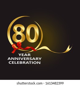 elegant 80 years anniversary logo template with ribbon in gold color, vector file eps 10 text is easy to edit