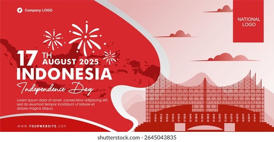 Elegante 80 anos Indonésia Dia da Independência, 17 agosto 2025 banner, fundo, modelo, cartaz, saudação, conceito, ilustração. Projete com o horizonte da cidade de Nusantara Capital e mapa da Indonésia. 