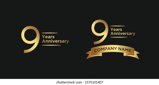 elegant 9 years anniversary logo template with ribbon in gold color, vector file eps 10 text is easy to edit