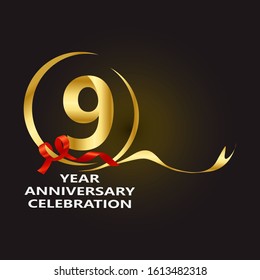 elegant 9 years anniversary logo template with ribbon in gold color, vector file eps 10 text is easy to edit