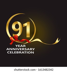 elegant 91 years anniversary logo template with ribbon in gold color, vector file eps 10 text is easy to edit