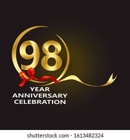 elegant 98 years anniversary logo template with ribbon in gold color, vector file eps 10 text is easy to edit