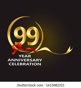 elegant 99 years anniversary logo template with ribbon in gold color, vector file eps 10 text is easy to edit