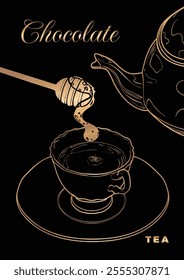Elegant A4 tea poster design. Hand drawn line art of a tea or coffee cup and tea pot. Vector honey pouring into a porcelain cup. Illustration for print and online projects. 