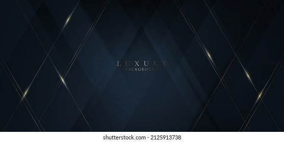 Elegant abstract 3D golden diagonal lines lighting with dark blue triangles shapes overlapping background. Luxury style. Vector graphic illustration