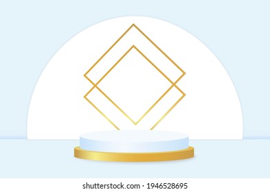 Elegant abstract 3d podium in pastel blue with geometric forms. White and gold decor. Product presentation, mockup. Vector illustration.