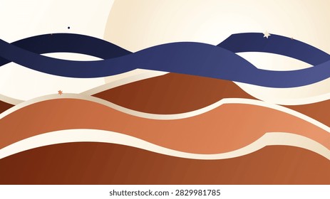 Elegant abstract artisan backdrop featuring smooth papercut curves and woven ribbons with generous copy space. Sienna, Indigo and Vanilla color theme.