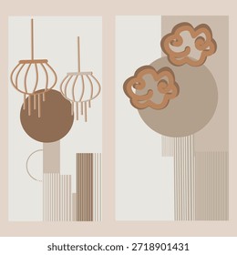 Obra de arte abstracta elegante con motivos minimalistas de linterna y nubes en tonos marrones cálidos. Ideal para decoración de pared moderna, carteles o fondos digitales. 