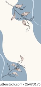 Um fundo abstrato elegante com tons azuis e beges, adornado com ramos lavandras. Adequado para desenhos florais, temas de casamento ou decoração sofisticada, a área branca aumenta a flexibilidade.