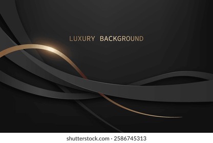 Elegant abstract background with curved black and gold shapes layered with a shining effect