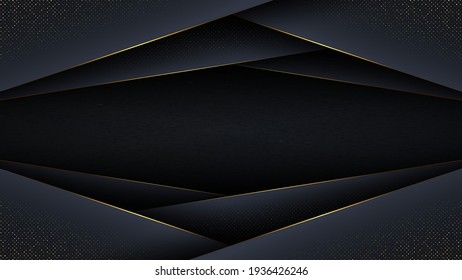 Elegant abstract background with dark gradient looks diagonally contrasting with golden edges and decorated with dots.