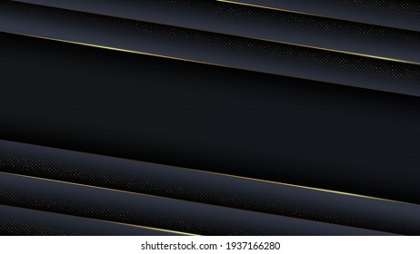 Elegant abstract background with dark gradient looks diagonally contrasting with golden edges and decorated with dots.