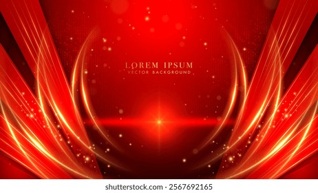 Elegant abstract background in deep red with golden glowing curves, dynamic light streaks effect, and sparkling bokeh elements. Vector illustration