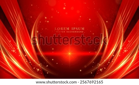 Elegant abstract background in deep red with golden glowing curves, dynamic light streaks effect, and sparkling bokeh elements. Vector illustration