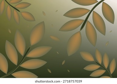 Elegante diseño de fondo abstracto con hojas de otoño de bronce sombreadas suavemente que se curvan con gracia a través de un fondo degradado verde profundo y gris que sugiere una suave transición estacional.