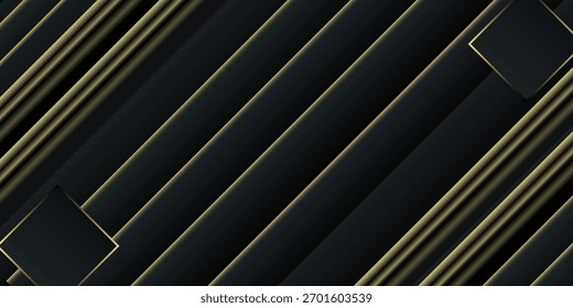 Un elegante fondo abstracto con rayas diagonales negras y doradas. El diseño geométrico presenta paneles en capas y líneas brillantes, creando una sensación de lujo y profundidad.