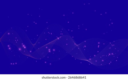 Fundo abstrato elegante com linhas de ondas douradas fluindo e partículas cintilantes em um fundo vermelho vibrante. As curvas dinâmicas e os pontos brilhantes despertam um sentimento de celebração, luxo.