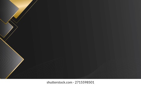 Elegante fondo abstracto con Formas geométricas en capas con detalles dorados sobre una superficie negra oscura. Ideal para marcas de lujo, presentaciones premium, Anuncios corporativos, invitaciones y diseños de marketing de alta gama.