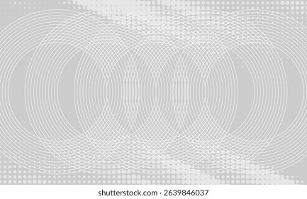 Elegant abstract background featuring overlapping white circular lines on a soft gray halftone backdrop. Ideal for modern design, tech layouts, minimal presentations, or digital compositions.
