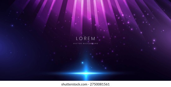Elegant abstract background featuring radiant purple spotlight beams shining from above onto a glowing blue light flare. Technology scene concept. Vector illustration