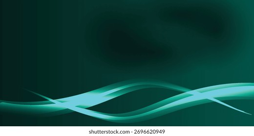 An elegant abstract background featuring smooth, glowing cyan waves flowing across a dark teal gradient backdrop, creating a sense of fluid motion.