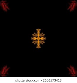 Elegant abstract background featuring a symmetrical golden floral pattern at the center with red feather accents on corners. Ideal for luxury, decorative, and modern graphic design themes